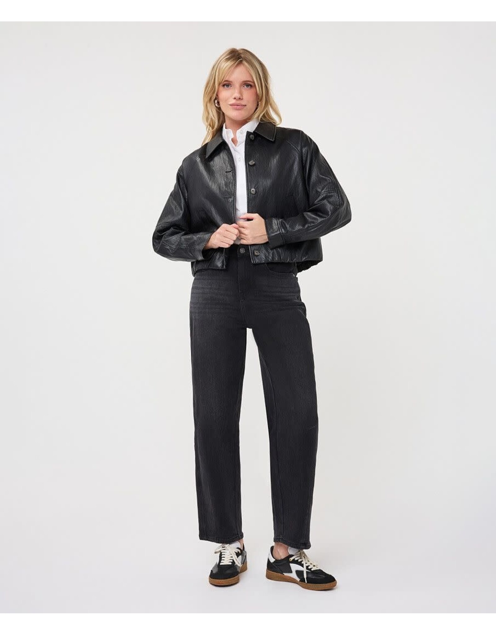 EsQualo EsQualo - Faux Leather Crinkle Jacket with Balloon Hem (Dark Grey)