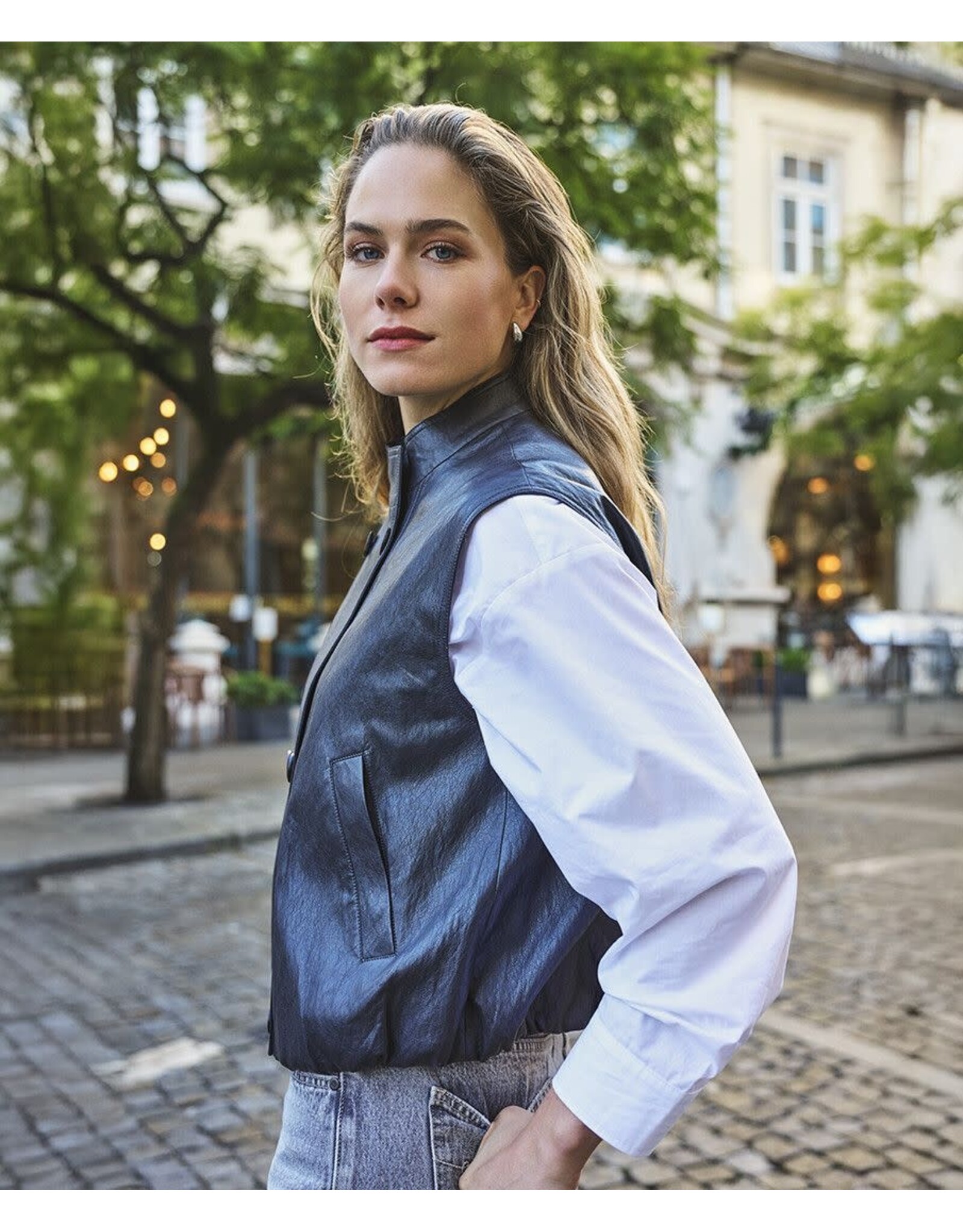 EsQualo EsQualo - Faux Leather Crinkle Vest with Balloon Hem (Dark Grey)