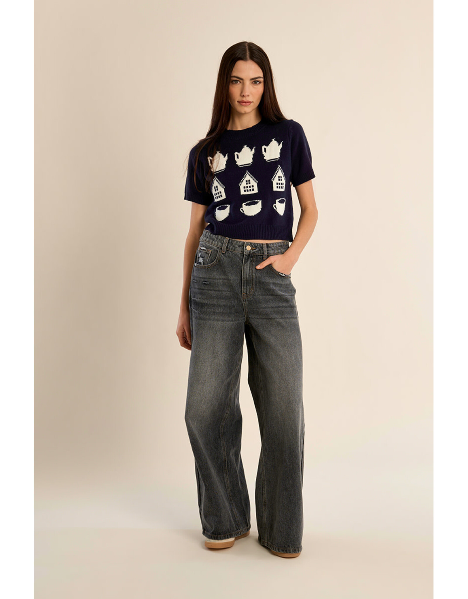 Molly Bracken Molly Bracken - Tea Time Short Sleeve Sweater (Navy)