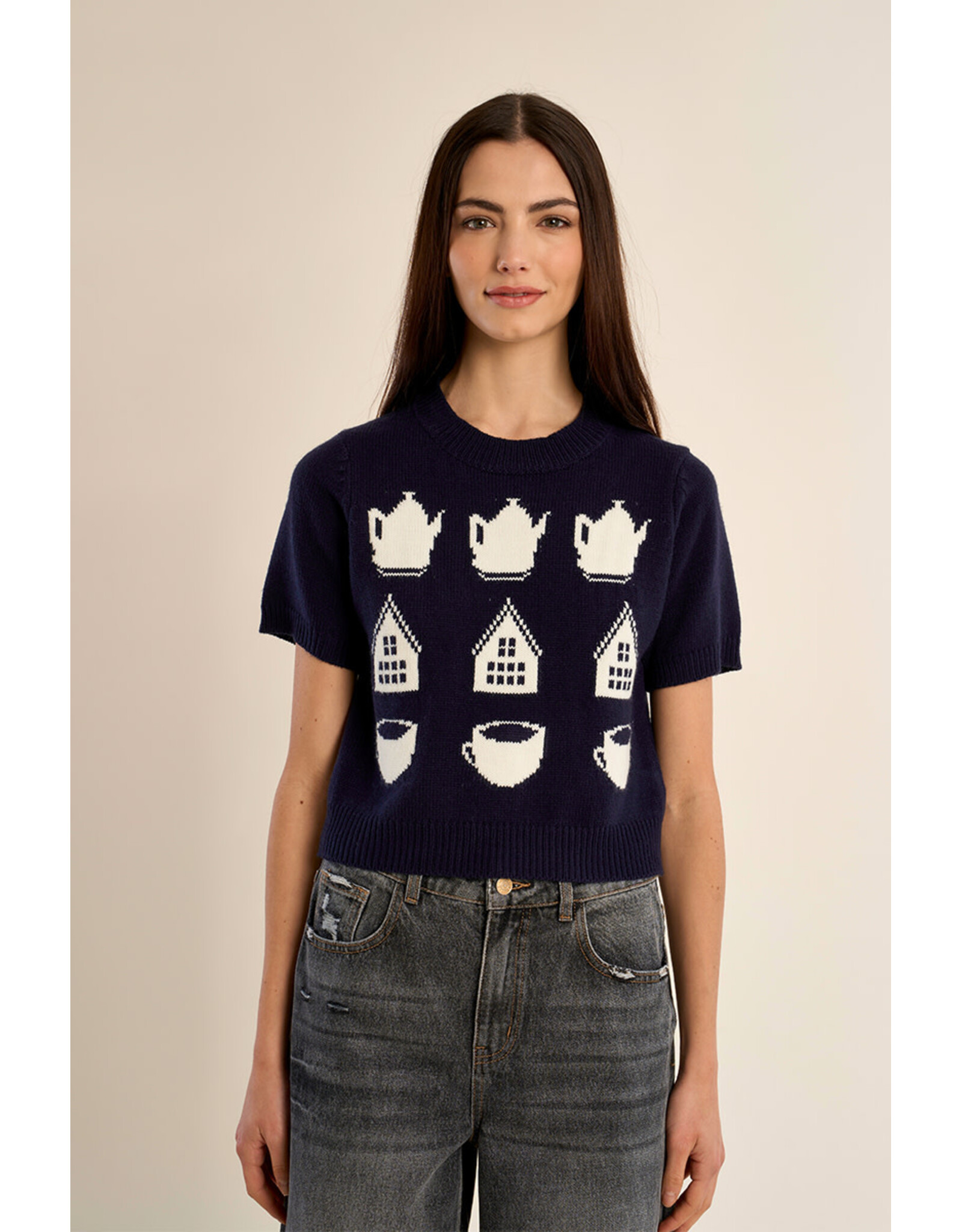 Molly Bracken Molly Bracken - Tea Time Short Sleeve Sweater (Navy)