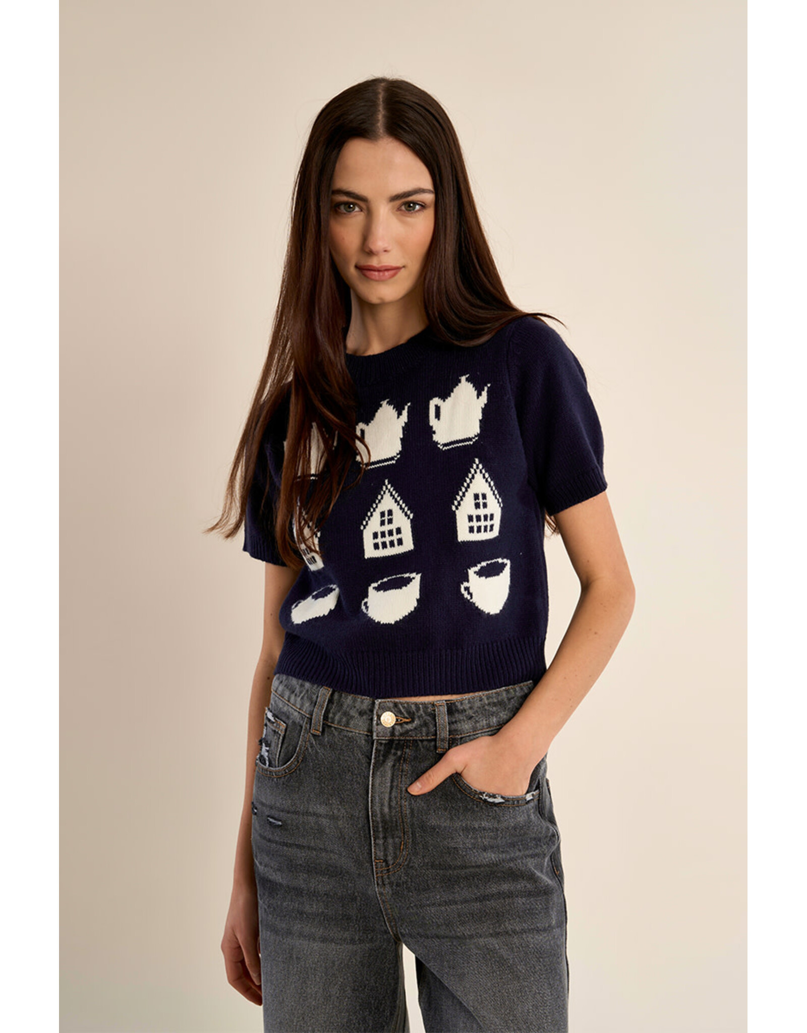 Molly Bracken Molly Bracken - Tea Time Short Sleeve Sweater (Navy)