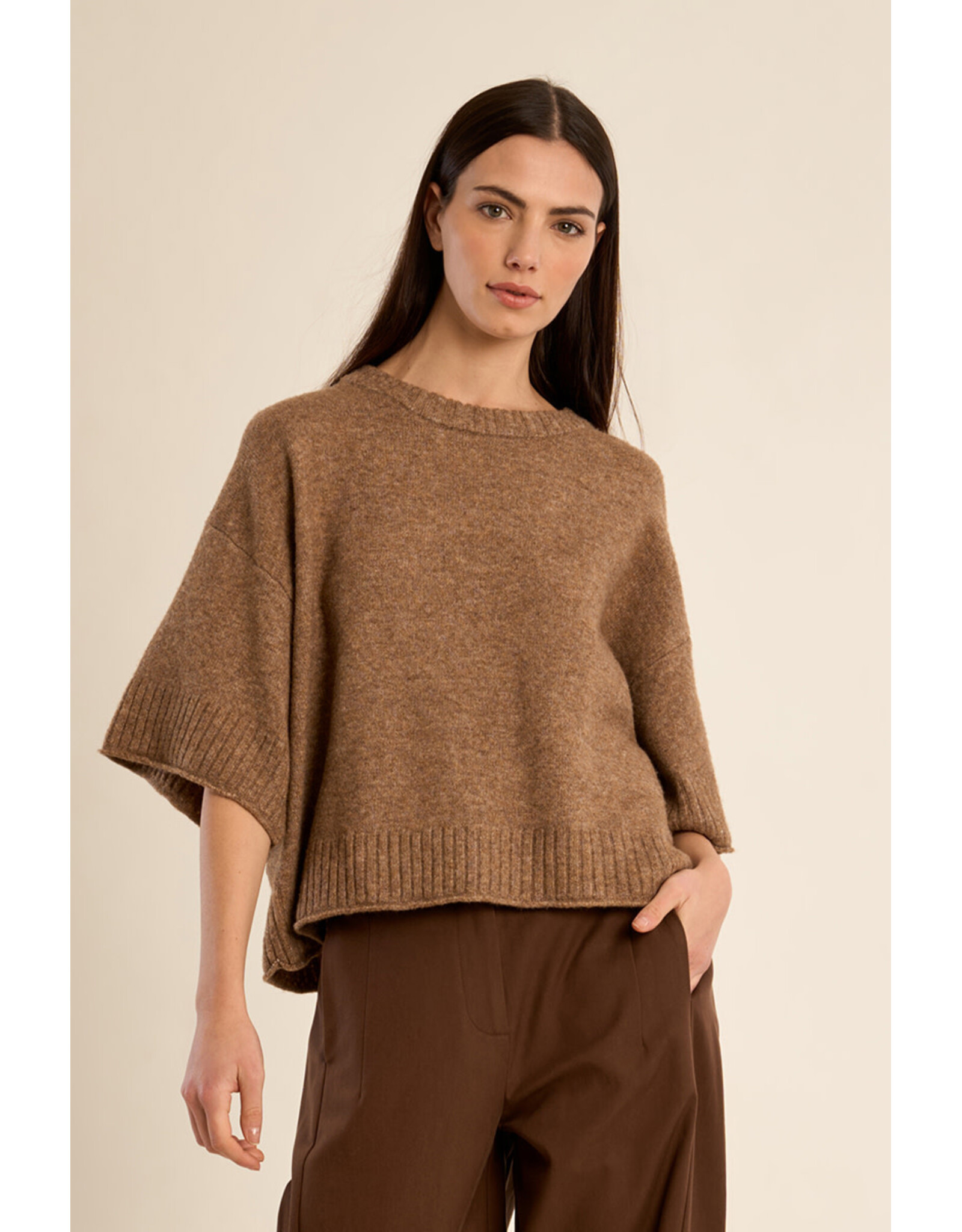 Molly Bracken Molly Bracken - Flared Knit Sweater with 3/4 Sleeves (Camel)