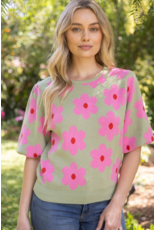 Voy Floral Print Knit Top with Bubble Sleeves (Olive)