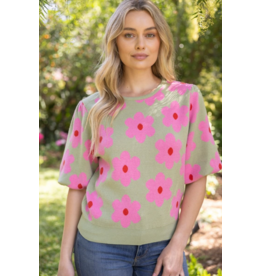 Voy Floral Print Knit Top with Bubble Sleeves (Olive)