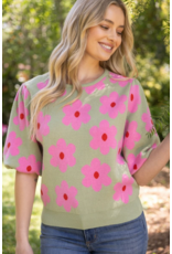 Voy Floral Print Knit Top with Bubble Sleeves (Olive)