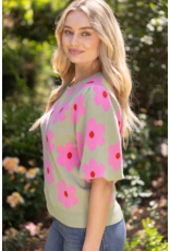 Voy Floral Print Knit Top with Bubble Sleeves (Olive)