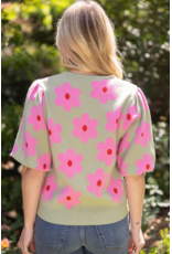 Voy Floral Print Knit Top with Bubble Sleeves (Olive)