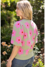 Voy Floral Print Knit Top with Bubble Sleeves (Olive)