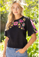 Voy Floral Print Short Bubble Sleeve Sweater (Black)