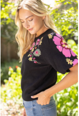 Voy Floral Print Short Bubble Sleeve Sweater (Black)