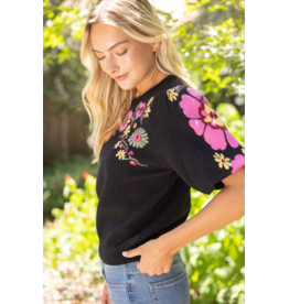 Voy Floral Print Short Bubble Sleeve Sweater (Black)