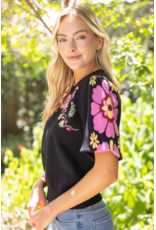 Voy Floral Print Short Bubble Sleeve Sweater (Black)