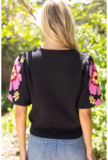 Voy Floral Print Short Bubble Sleeve Sweater (Black)