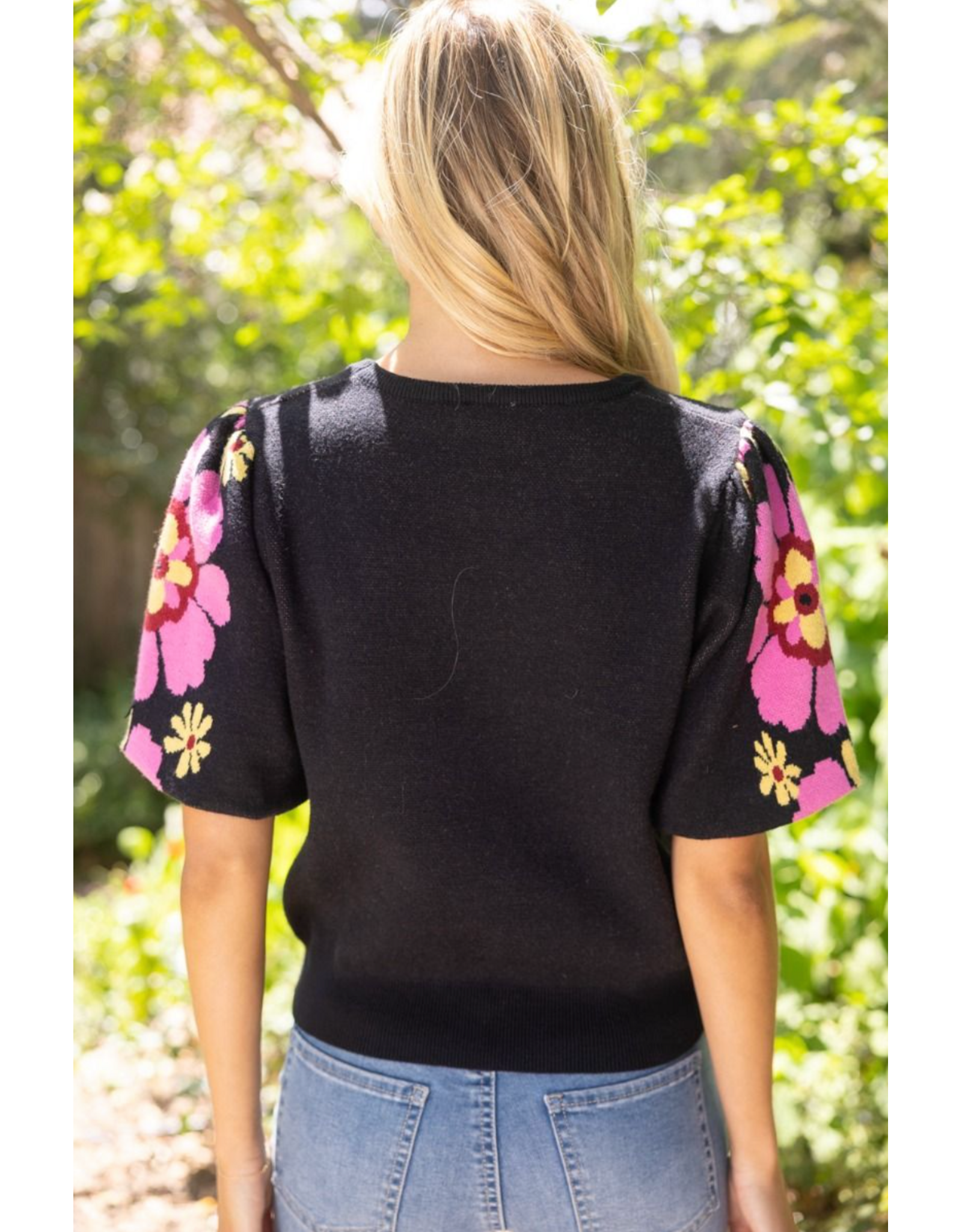 Voy Floral Print Short Bubble Sleeve Sweater (Black)