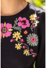 Voy Floral Print Short Bubble Sleeve Sweater (Black)