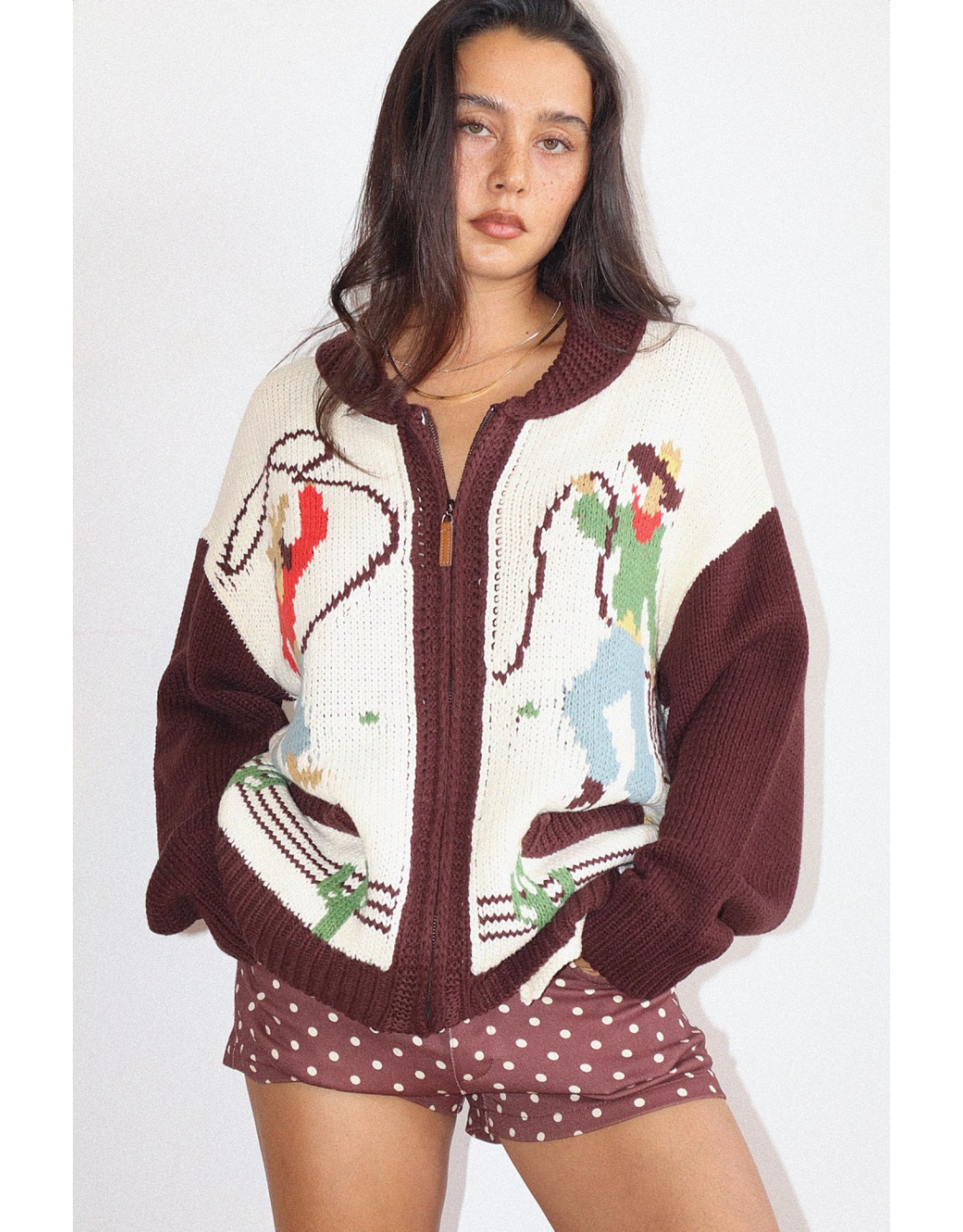 Bailey Rose Cowgirl Knit Zip Cardigan (Cream - Brown)