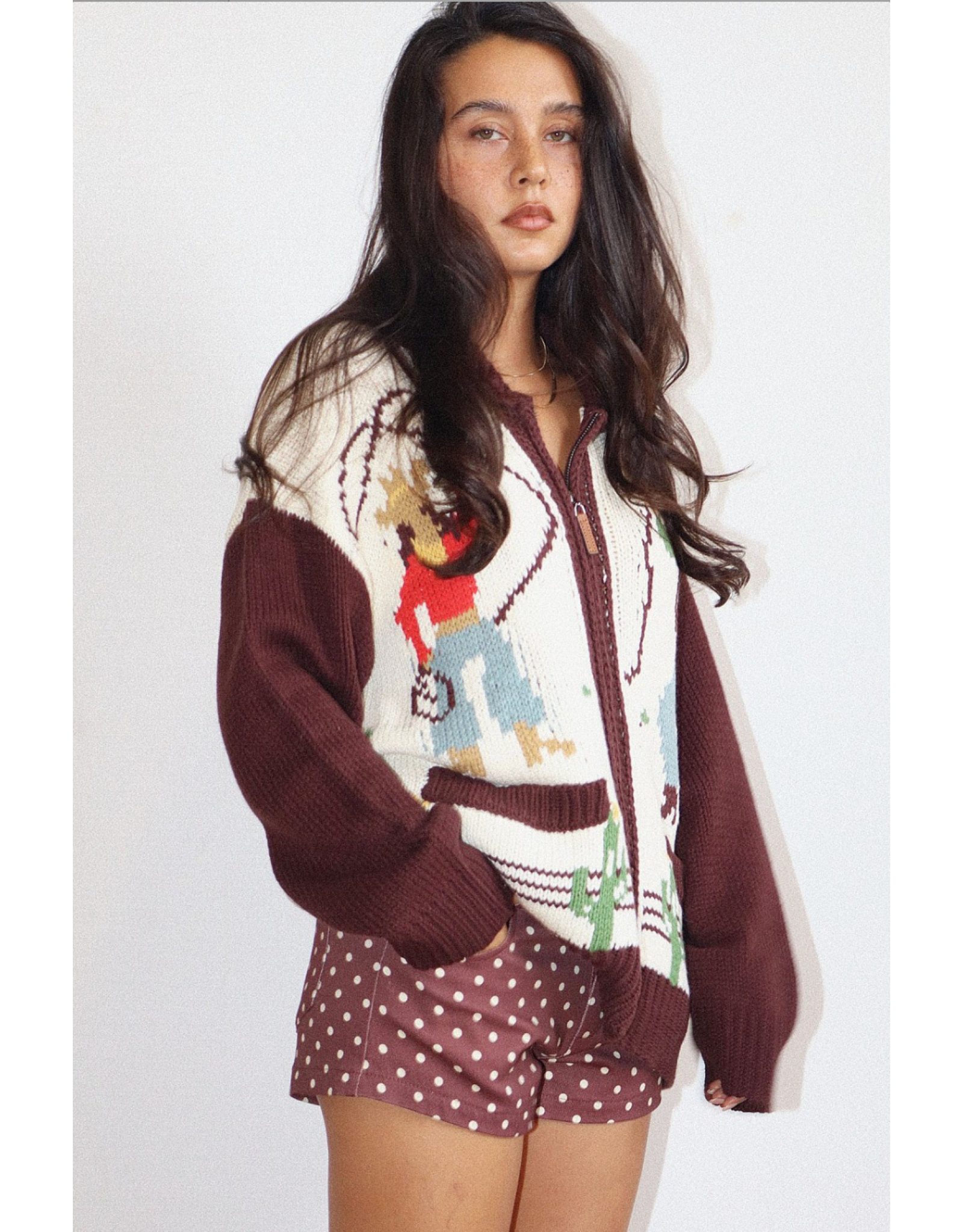 Bailey Rose Cowgirl Knit Zip Cardigan (Cream - Brown)