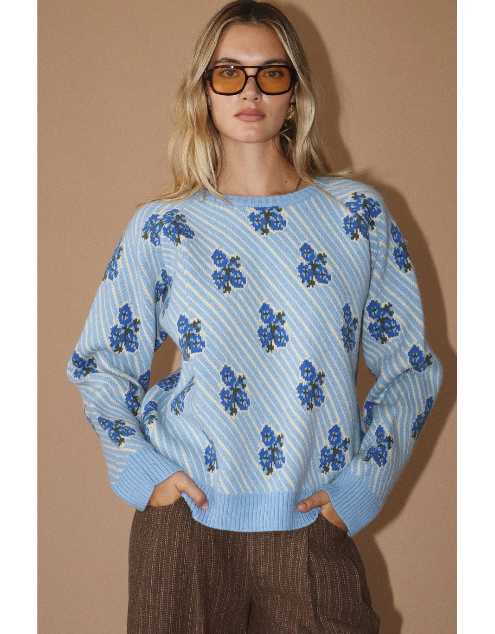 Bailey Rose Blue Floral Jacquard Knit Pullover