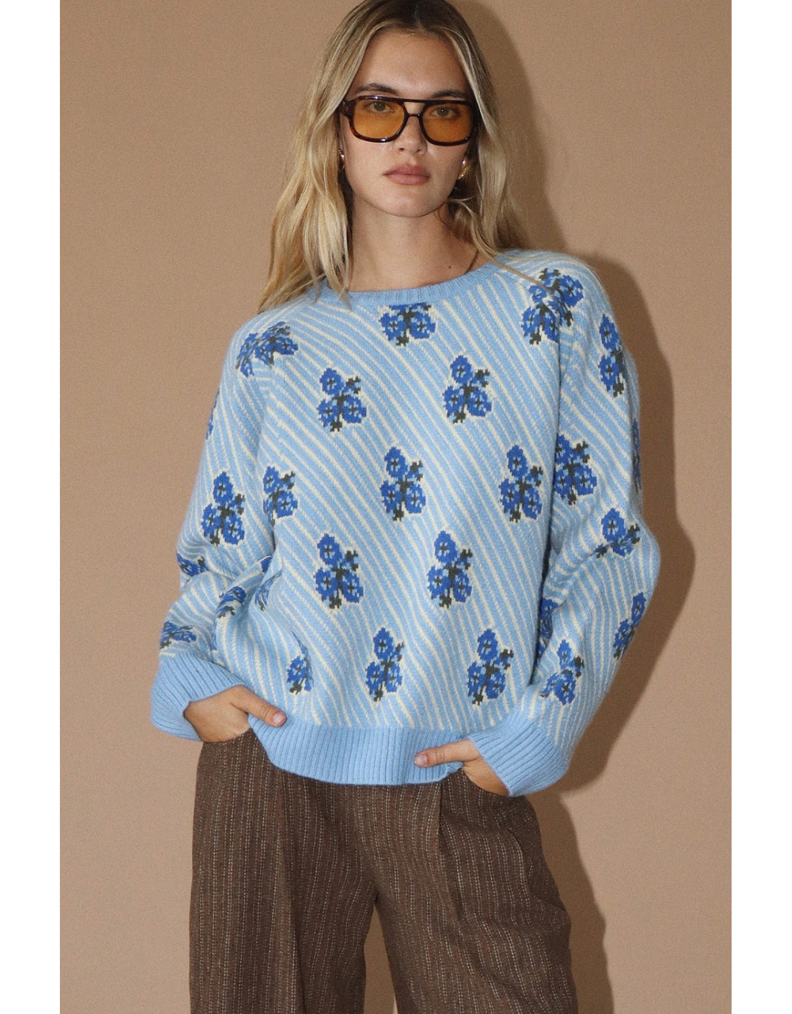 Bailey Rose Blue Floral Jacquard Knit Pullover