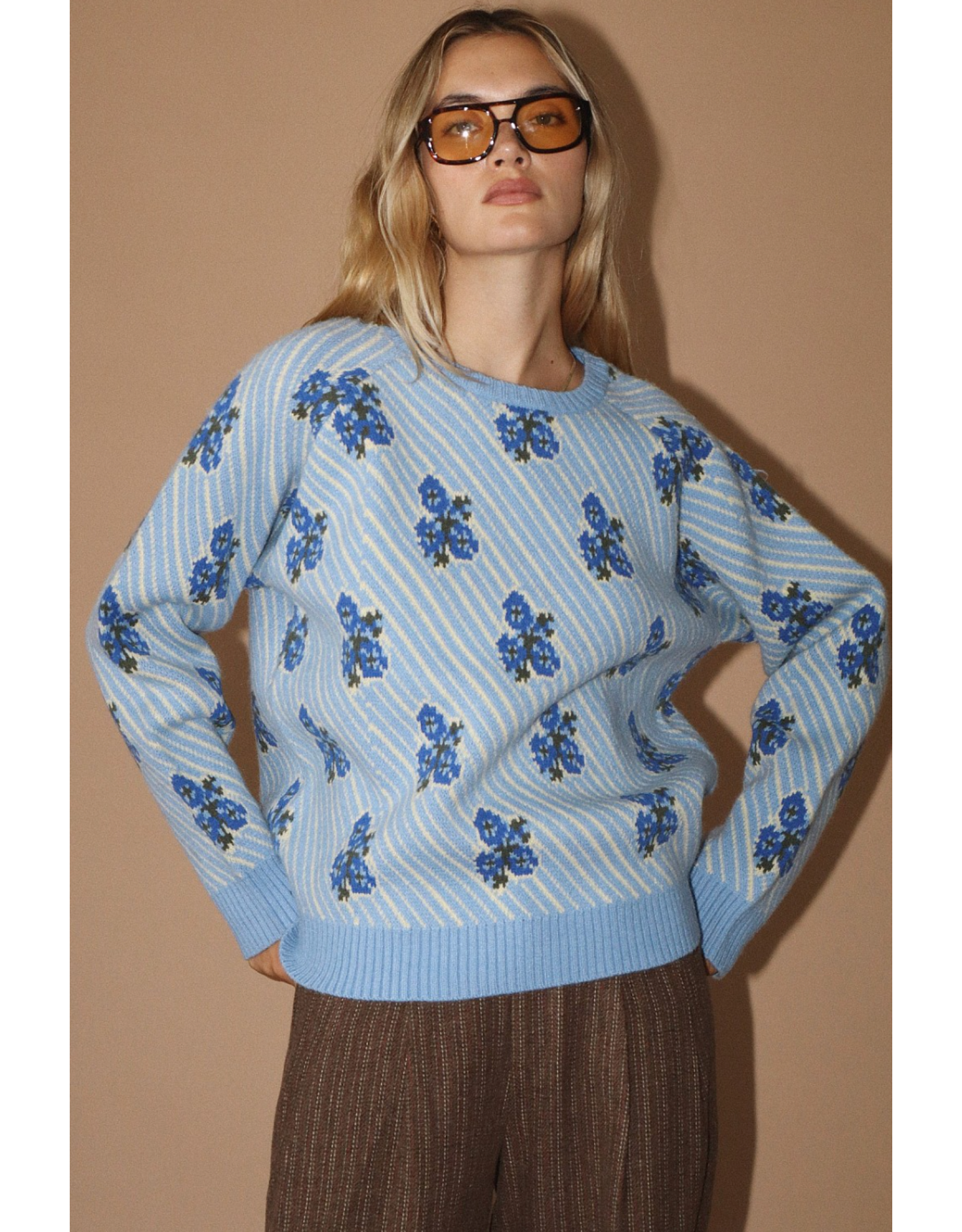 Bailey Rose Blue Floral Jacquard Knit Pullover
