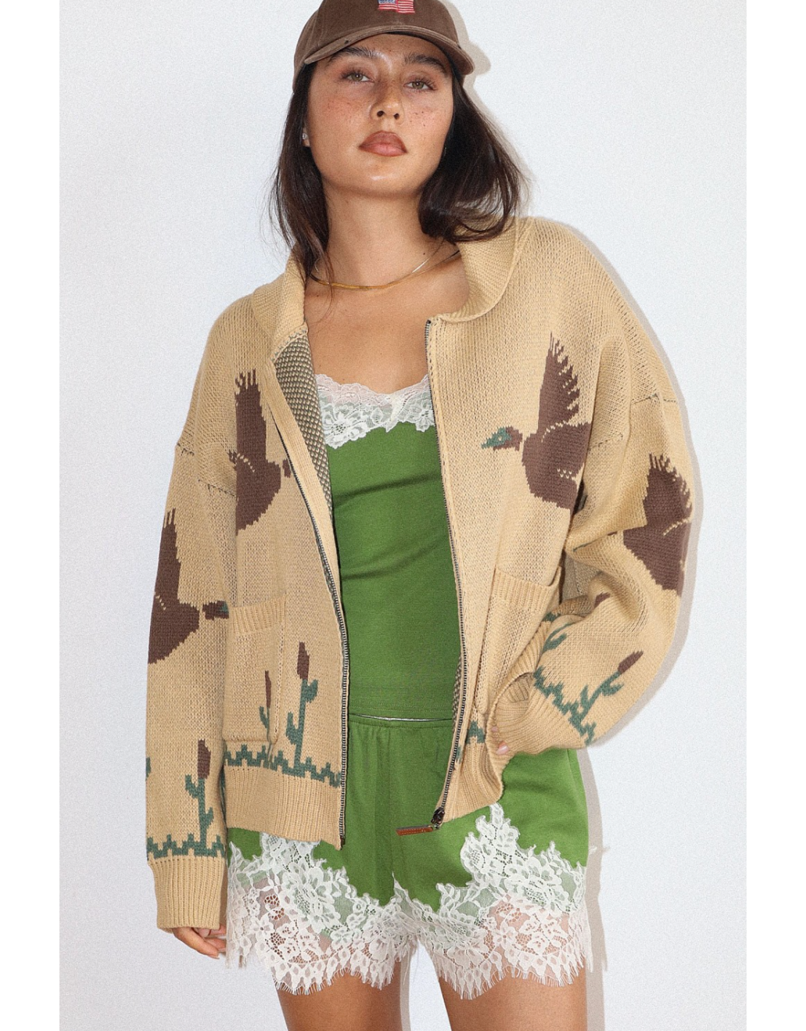 Bailey Rose Knit Zip Cardigan (Mallard - Tan)