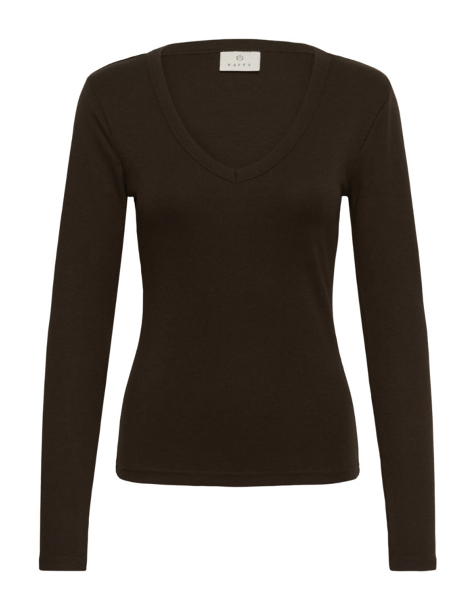Kaffe Kaffe - Liddy Deep V Neck Long Sleeve Tee (Coffee Bean)