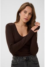 Kaffe Kaffe - Liddy Deep V Neck Long Sleeve Tee (Coffee Bean)