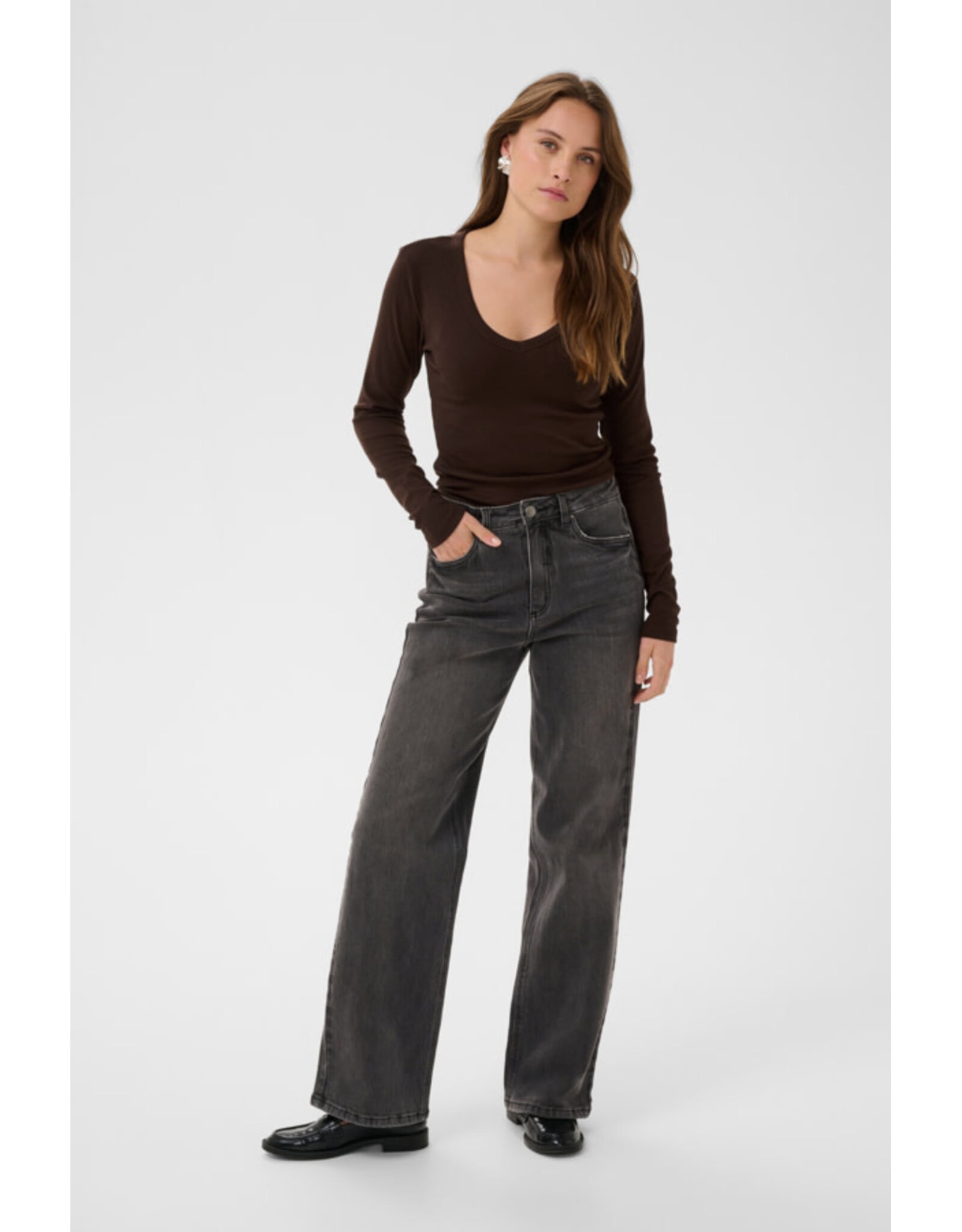 Kaffe Kaffe - Liddy Deep V Neck Long Sleeve Tee (Coffee Bean)