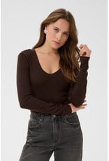 Kaffe Kaffe - Liddy Deep V Neck Long Sleeve Tee (Coffee Bean)