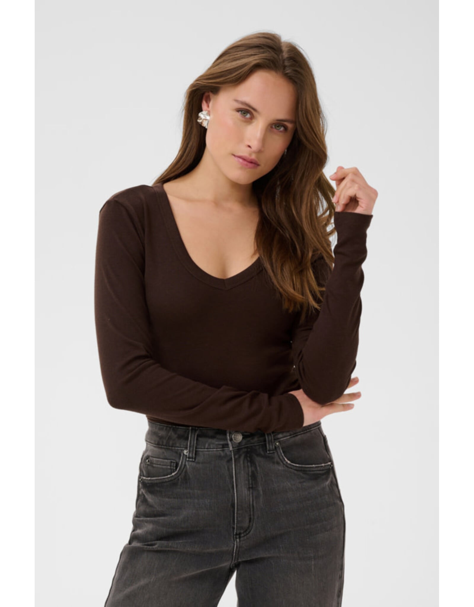 Kaffe Kaffe - Liddy Deep V Neck Long Sleeve Tee (Coffee Bean)