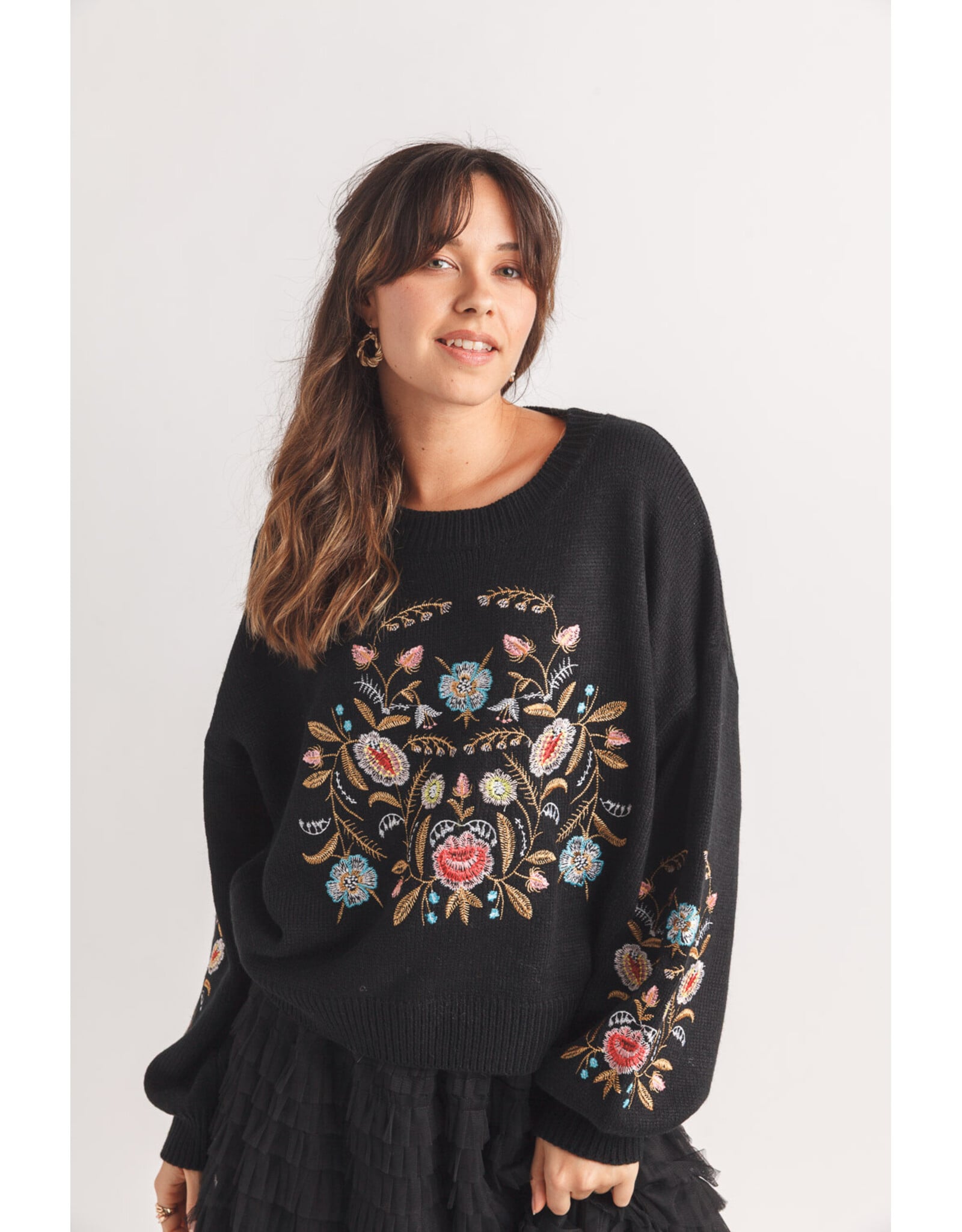 Papillon Papillon - Floral Embroidered Sweater with Balloon Sleeves (Black)