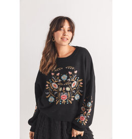 Papillon Papillon - Floral Embroidered Sweater with Balloon Sleeves (Black)