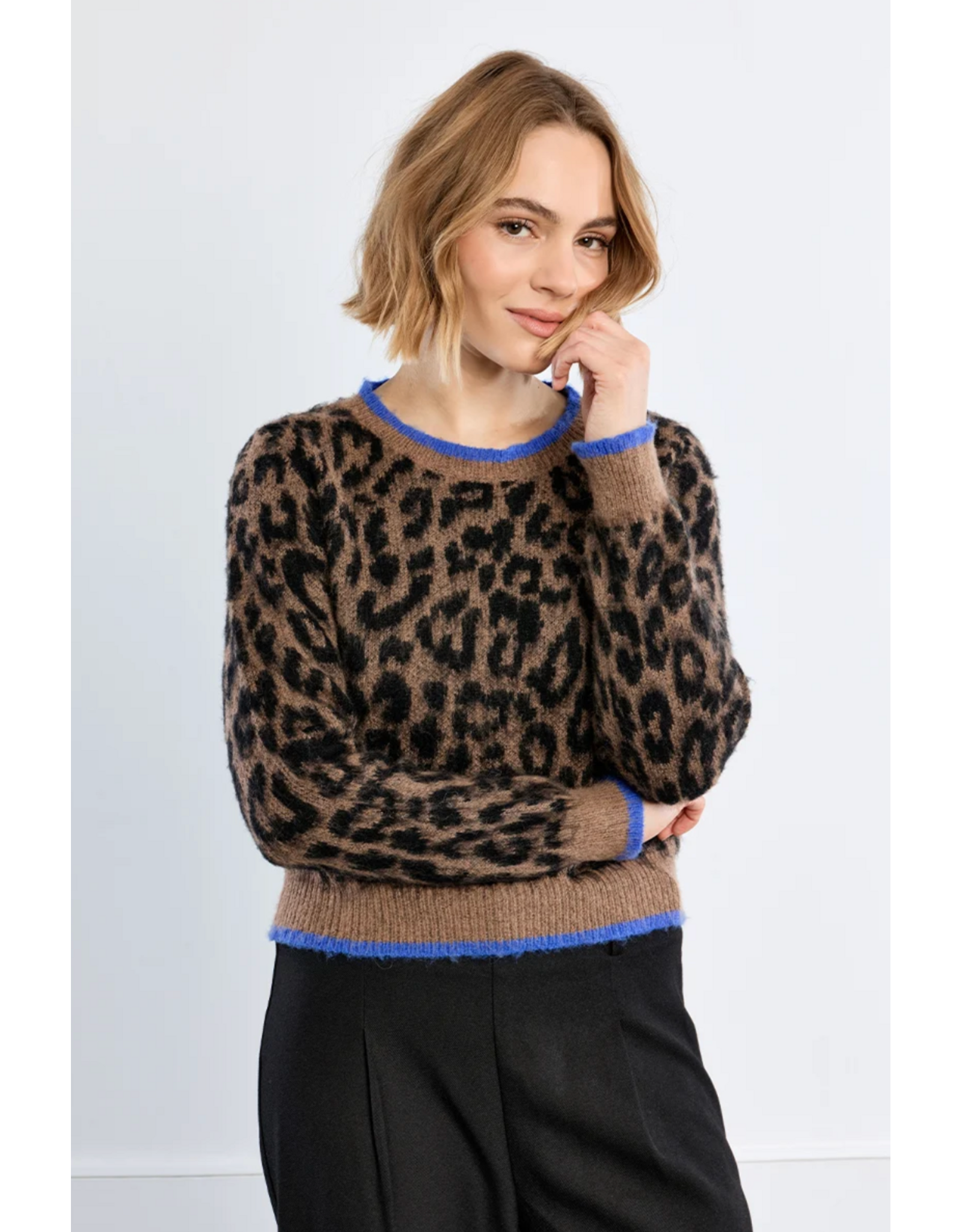 Molly Bracken Molly Bracken - Leopard Print Sweater with Blue Trim