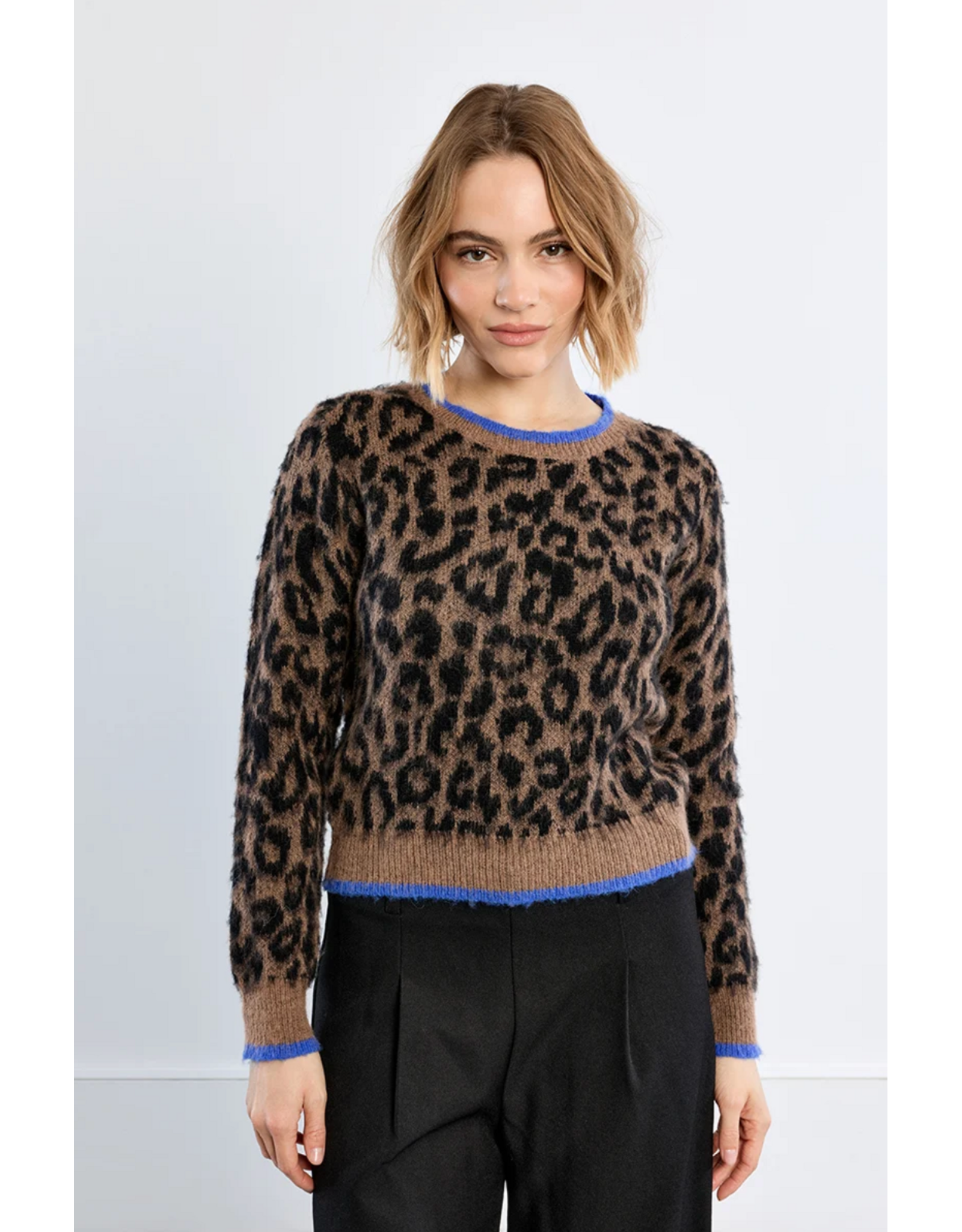 Molly Bracken Molly Bracken - Leopard Print Sweater with Blue Trim