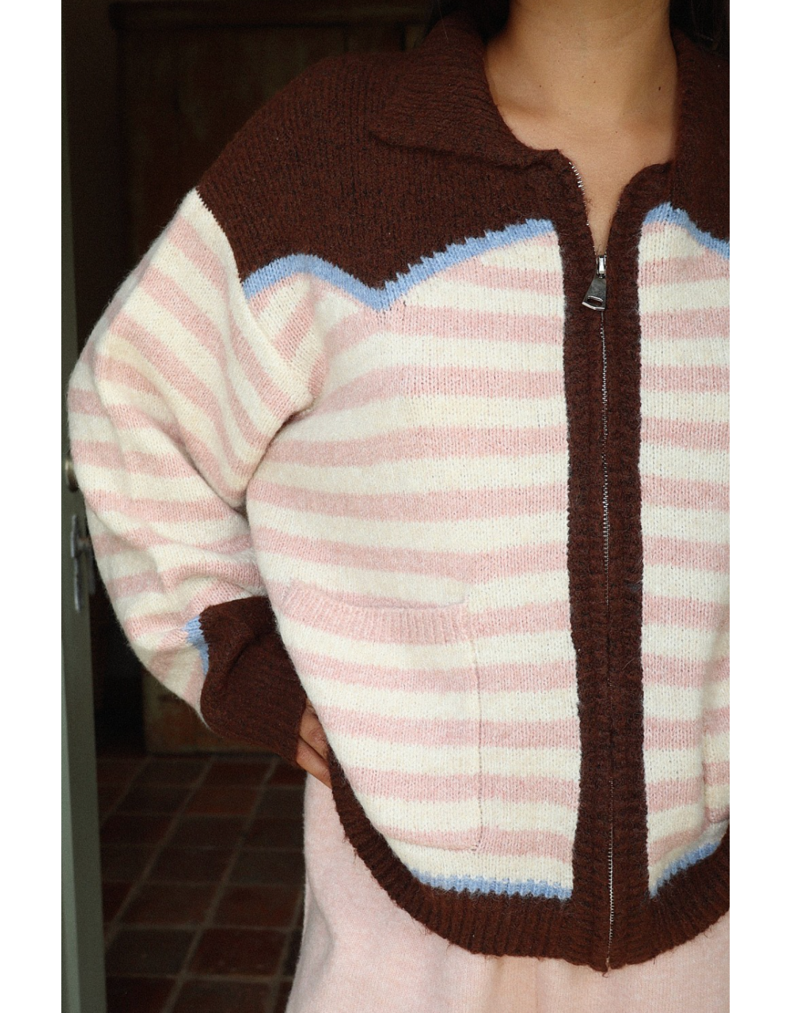 Bailey Rose Striped Zip Up Sweater (Pink - Rodeo)