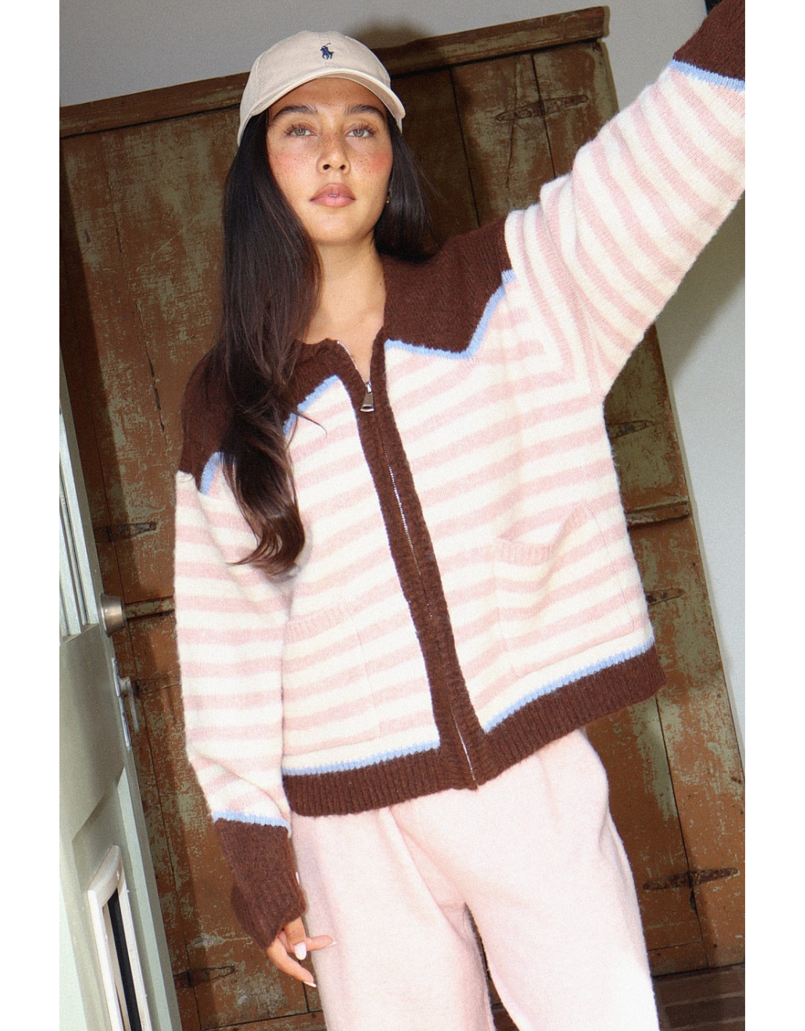 Bailey Rose Striped Zip Up Sweater (Pink - Rodeo)