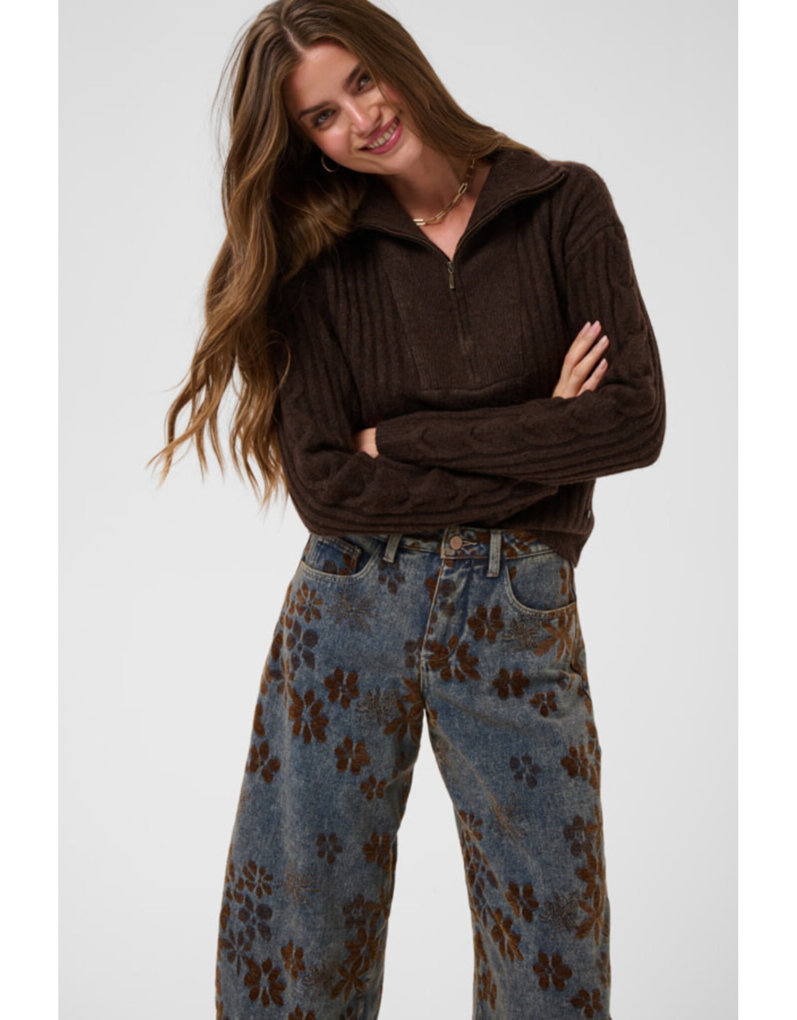 Cream Cream - Ramona Barrel Jeans - Relaxed Fit (Brown Floral Denim)