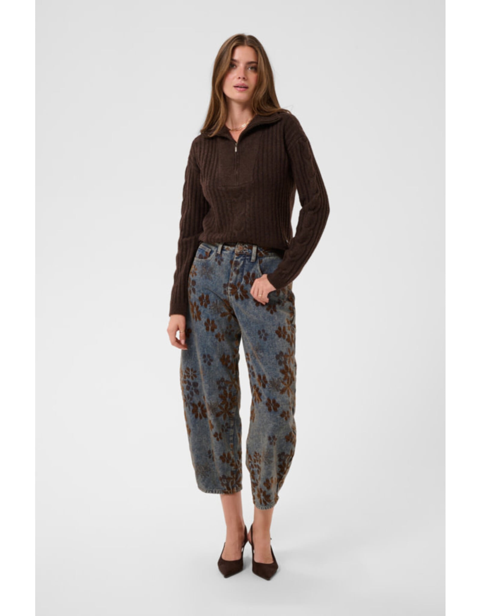 Cream Cream - Ramona Barrel Jeans - Relaxed Fit (Brown Floral Denim)