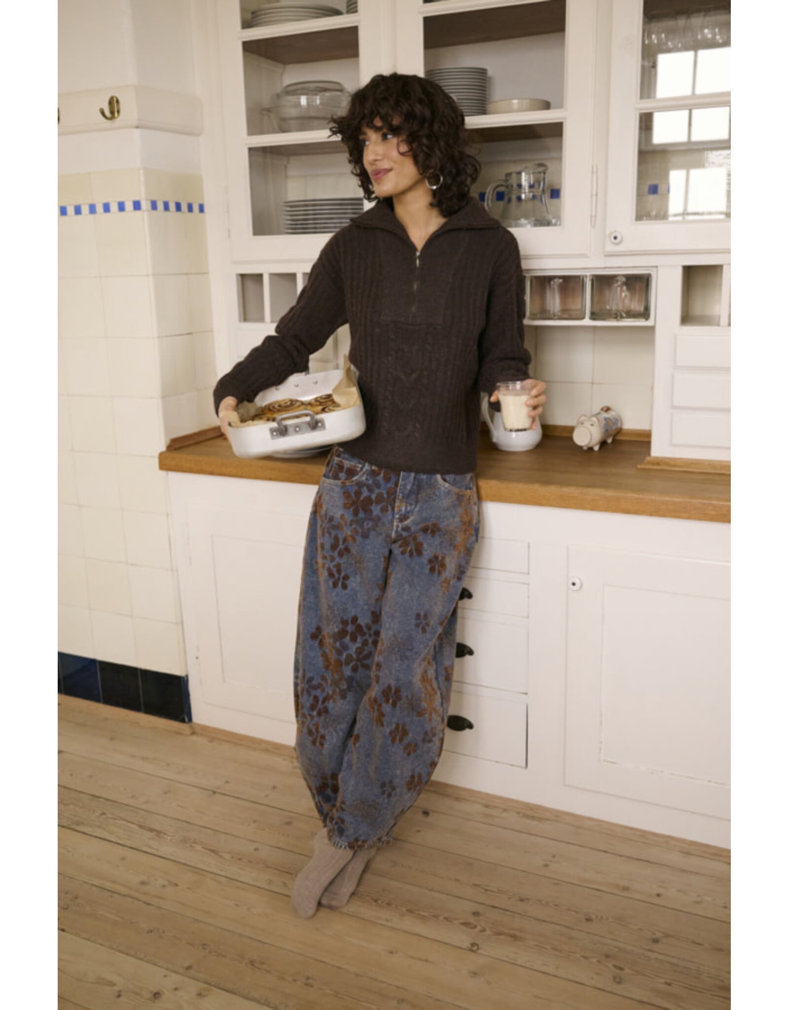 Cream Cream - Ramona Barrel Jeans - Relaxed Fit (Brown Floral Denim)