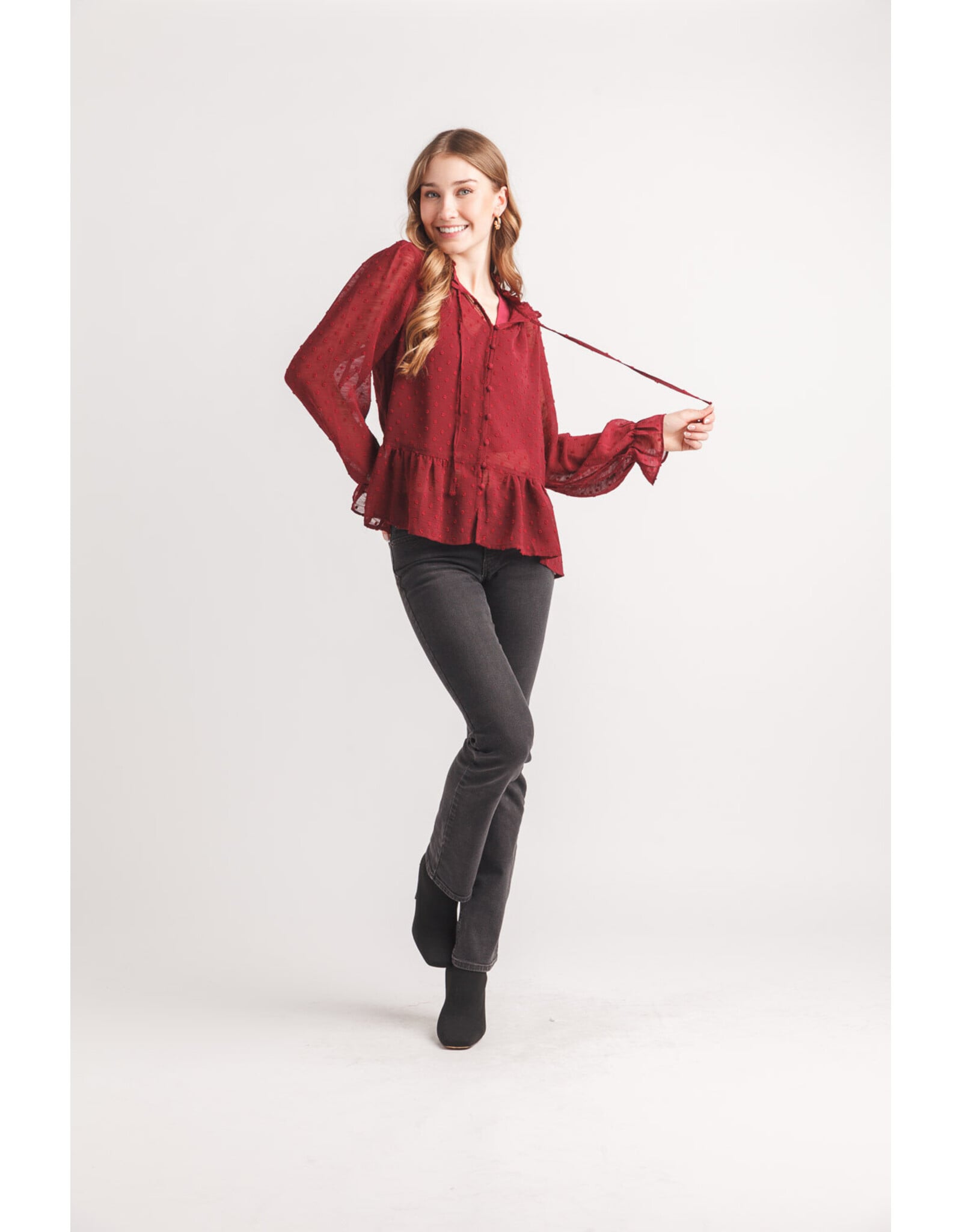 Papillon Papillon - Swiss Dot Button Front Ruffle Top (Burgundy)