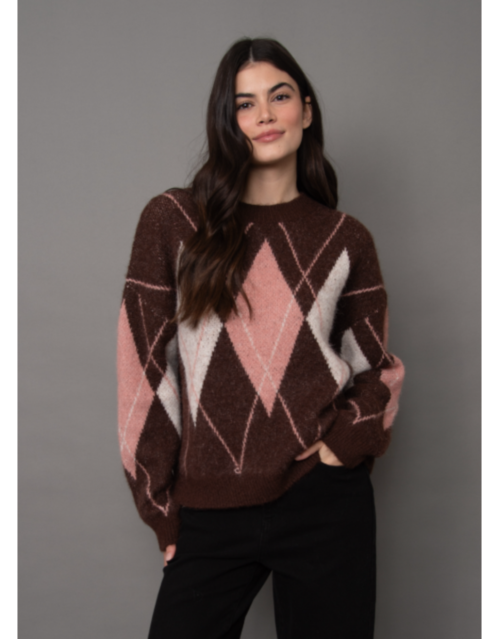 RD Style RD Style - Olinda Long Sleeve Argyle Crew (Brown Pink)