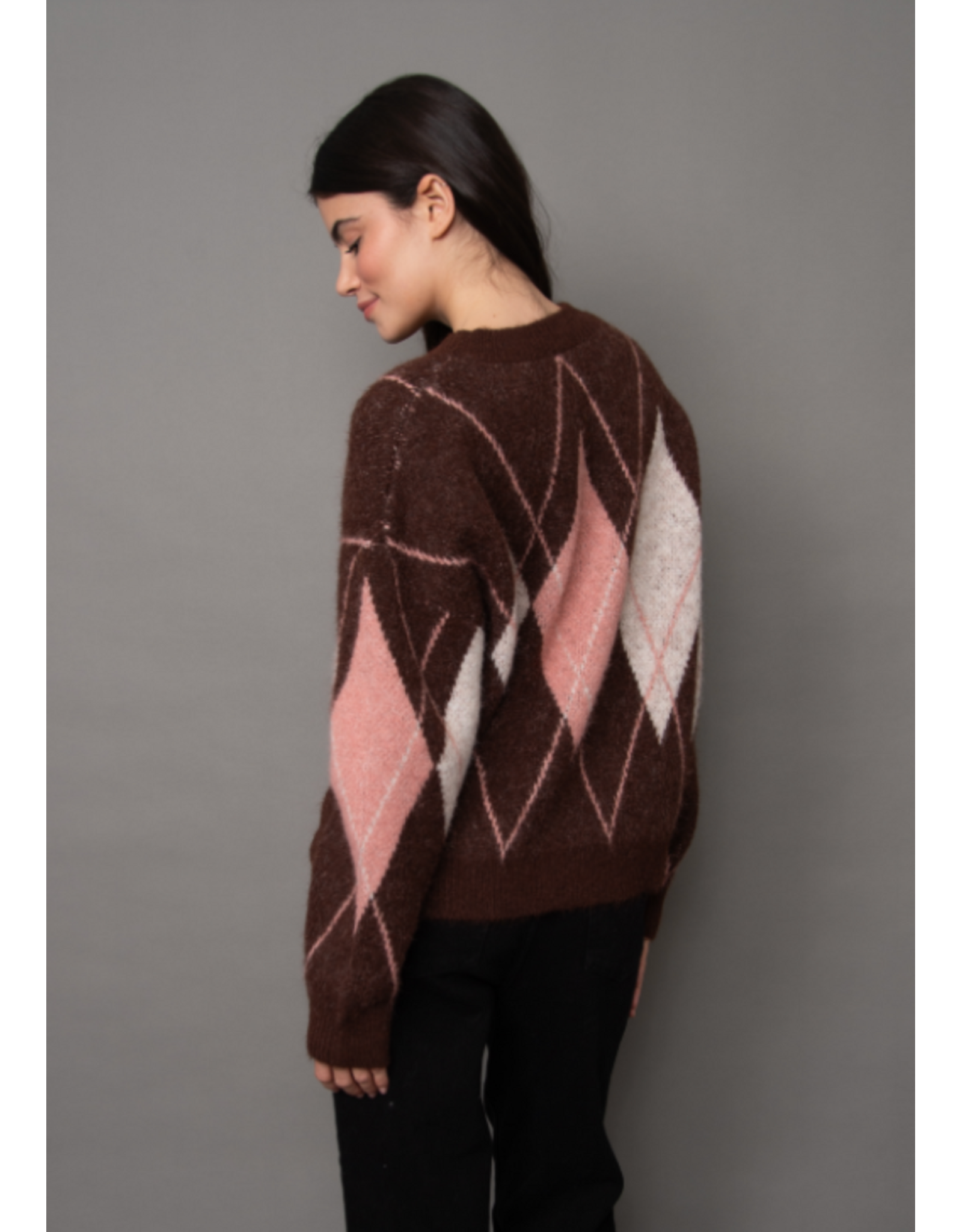 RD Style RD Style - Olinda Long Sleeve Argyle Crew (Brown Pink)