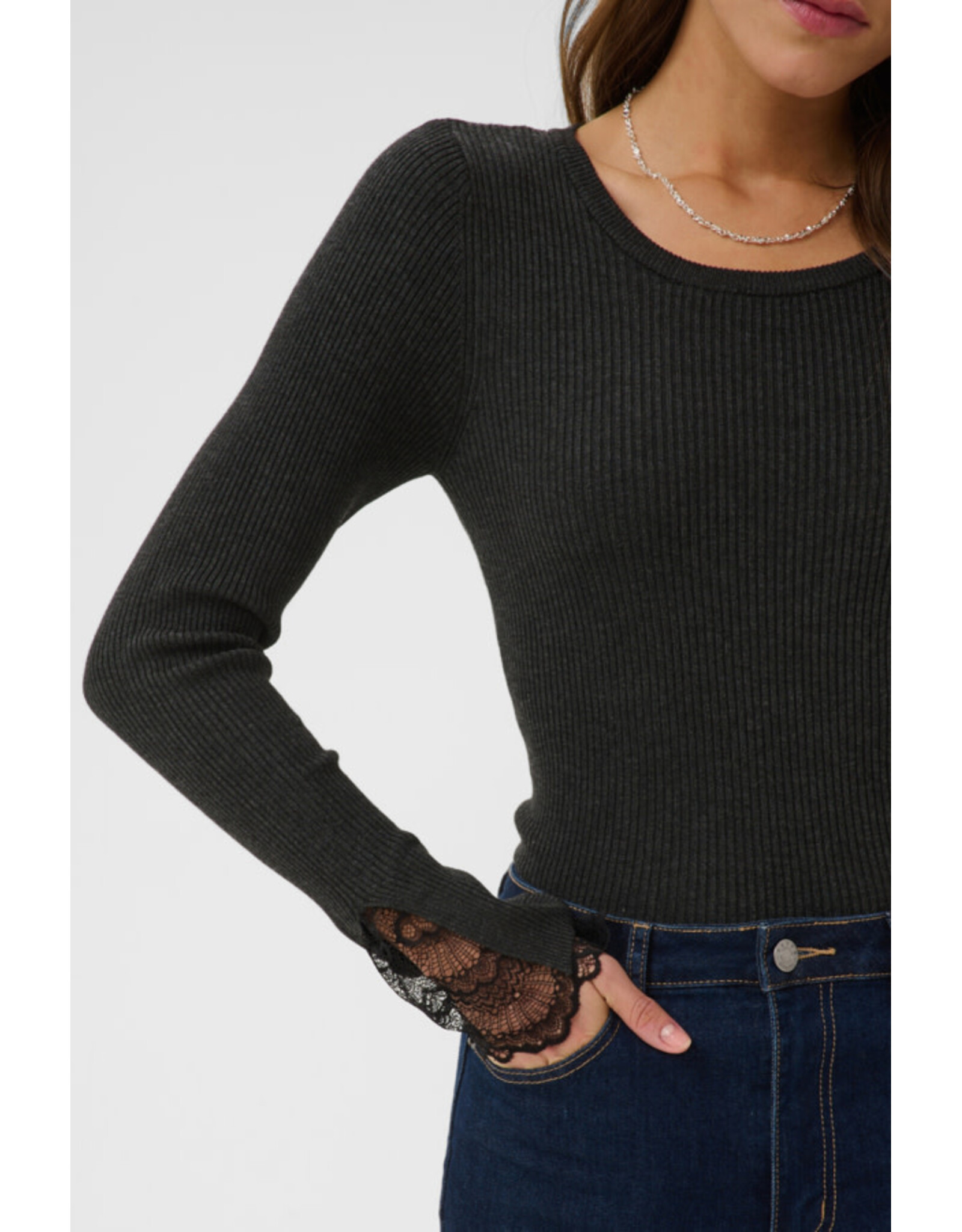 Kaffe Kaffe - Amalia Knit Top with Lace Detail (Dark Grey Melange)
