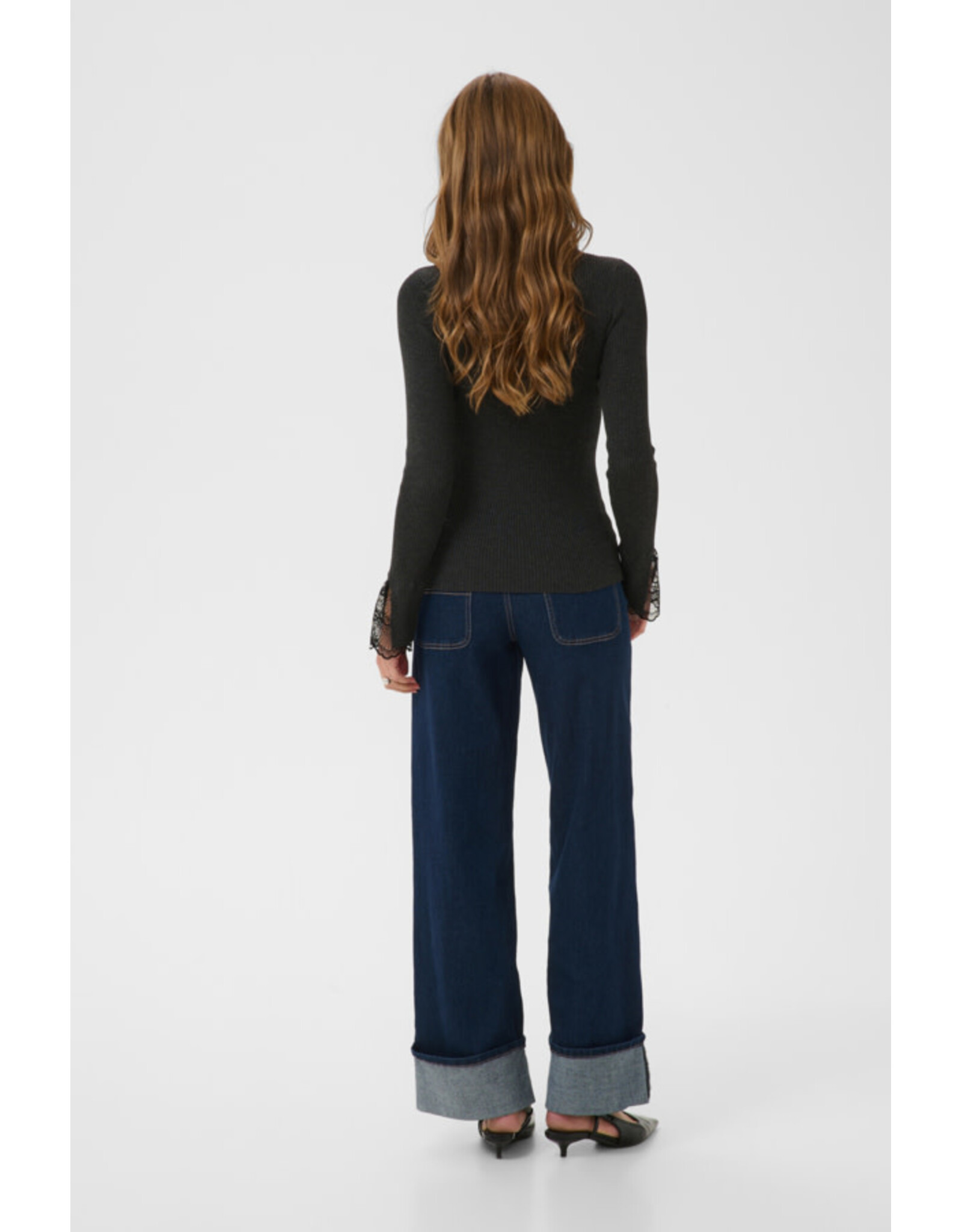 Kaffe Kaffe - Amalia Knit Top with Lace Detail (Dark Grey Melange)