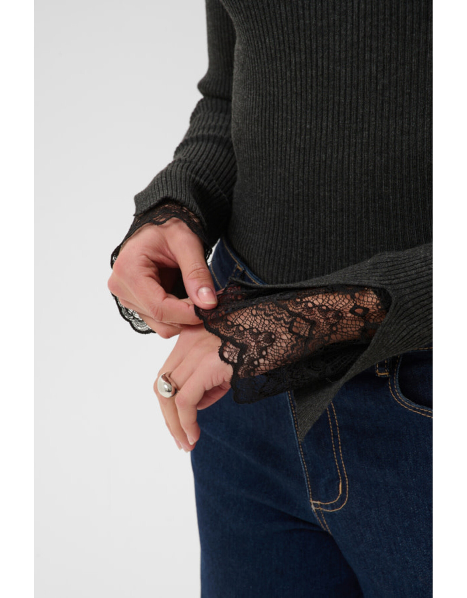 Kaffe Kaffe - Amalia Knit Top with Lace Detail (Dark Grey Melange)
