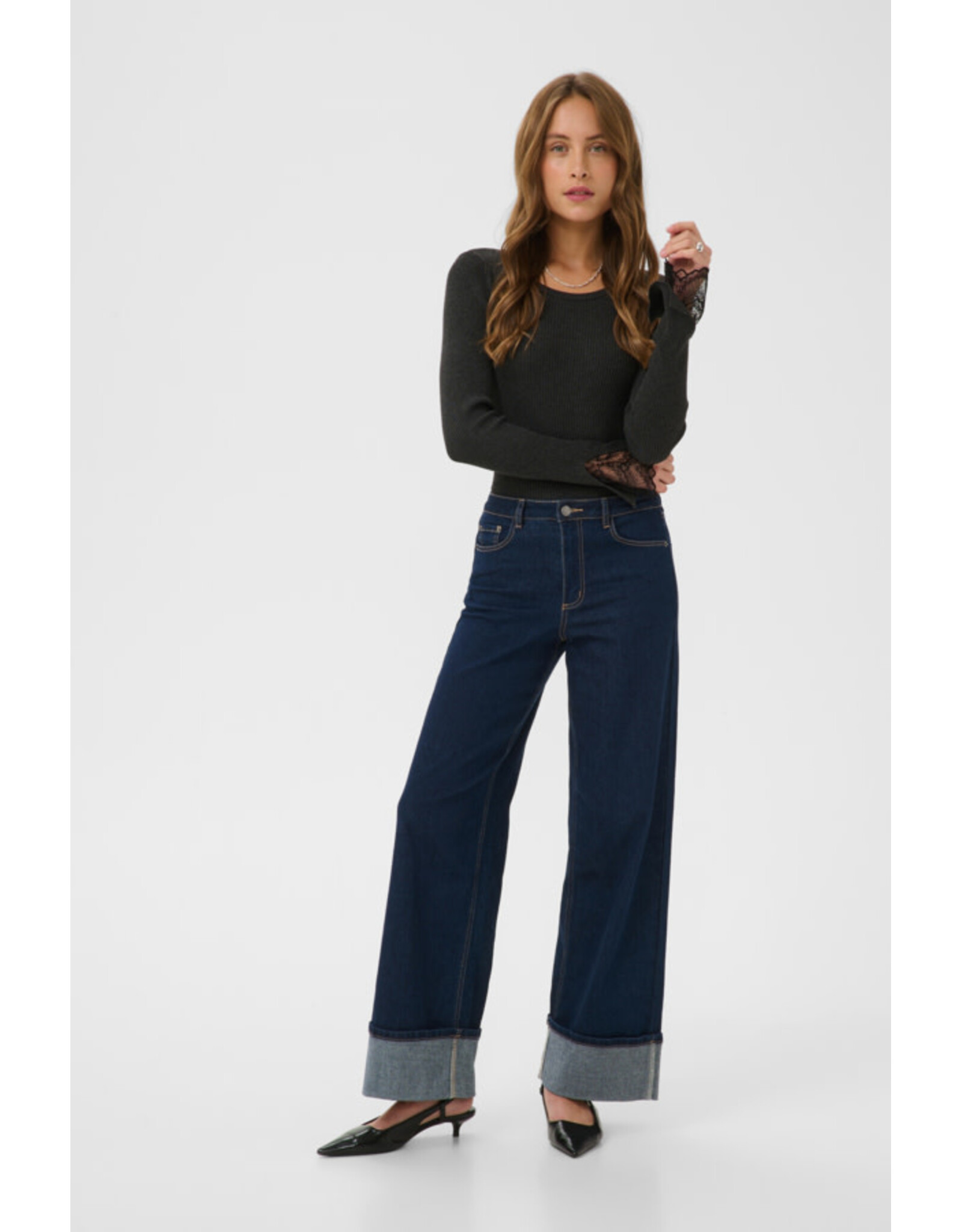 Kaffe Kaffe - Amalia Knit Top with Lace Detail (Dark Grey Melange)