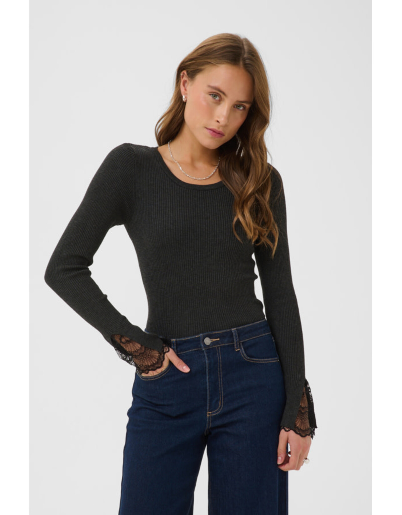 Kaffe Kaffe - Amalia Knit Top with Lace Detail (Dark Grey Melange)