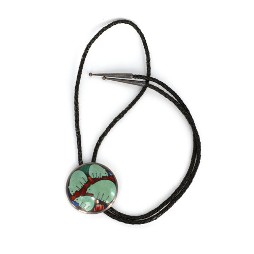 Sterling Bolo Tie with Inlay Walking Bear Motif Sterling Bolo Tie with Inlay Walking Bear Motif