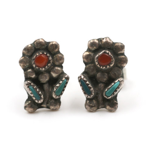 Treasures of Ojai Native American Sterling Floral Posts with Turquoise and Coral Treasures of Ojai Native American Sterling Floral Posts with Turquoise and Coral