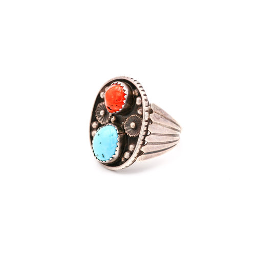 * Sterling Turquoise & Coral Ring